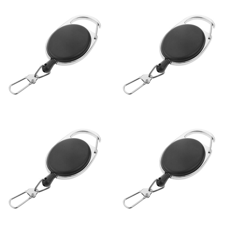 4X Heavy Duty Retractable Carabiner Badge Tinker Reels 60Cm Pull Wire With Key Ring Clip Black