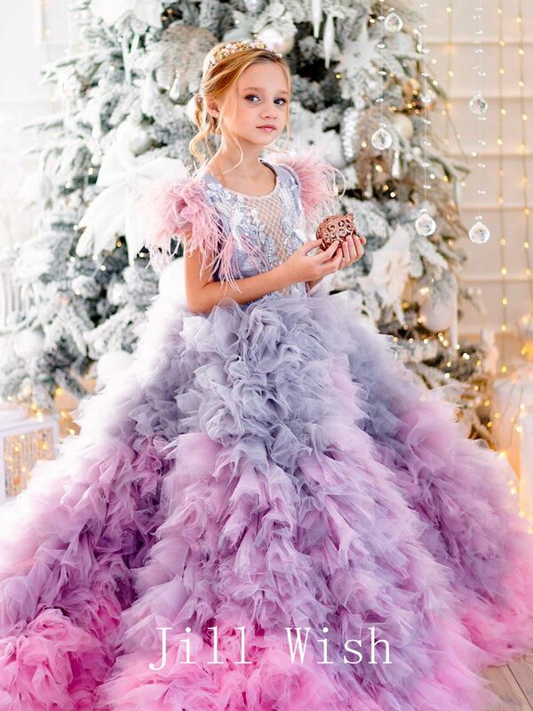 Jill Wish Luxury Girl Dress Feathers Beading Princess Prom Gown for Kids Wedding Birthday Communion Party Quinceañera 2024 J163