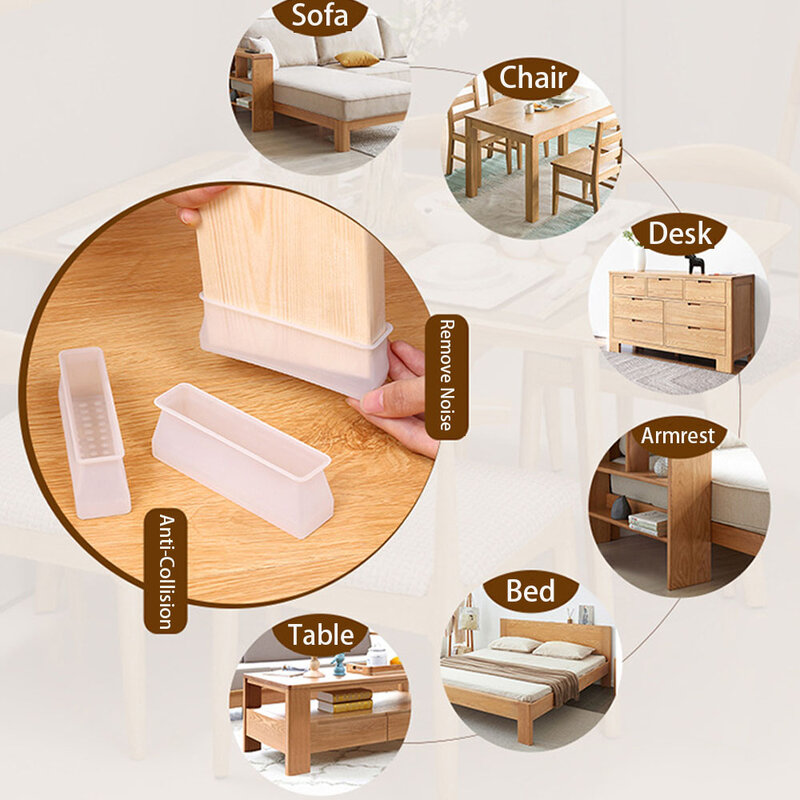 4 BH sarung kaki kursi silikon antiselip, pelindung lantai furnitur, penutup kaki persegi panjang senyap untuk kayu Sofa meja kasur