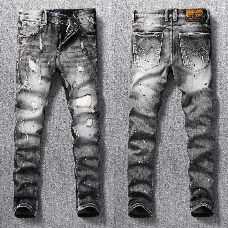 Newly Vintage Fashion Men Jeans High Quality Retro Black Gray Elastic Slim Fit Painted Ripped Jeans Patched Designer Denim Pants
