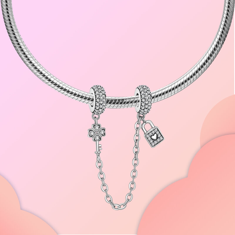 925 Sterling Silver 2023 Autumn New Charm Lock Moon Safety Chain Charm Beads fit Original Pandora Bracelets Women DIY Jewelry