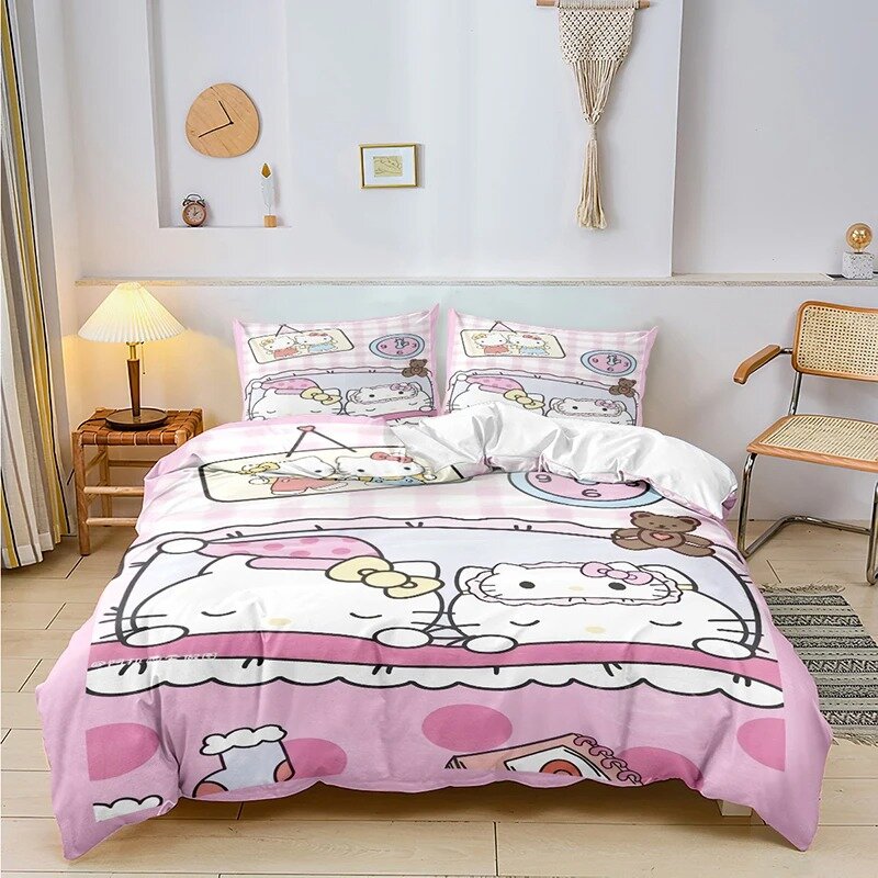 Sanrio Duvet Cover Set Hello Kitty Bedding Set Cartoon Cinnamoroll Quilt Cover Pillow Cover Bedroom Decor Twin Queen King Size