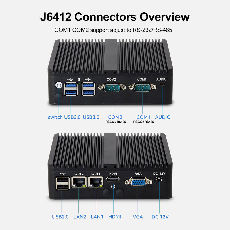 팬리스 미니 PC 인텔 셀러론 J4125 J6412 2x 기가비트 이더넷, 2x COM RS232 RS485 6x USB 지원 WiFi 4G LTE Windows 10 Linux