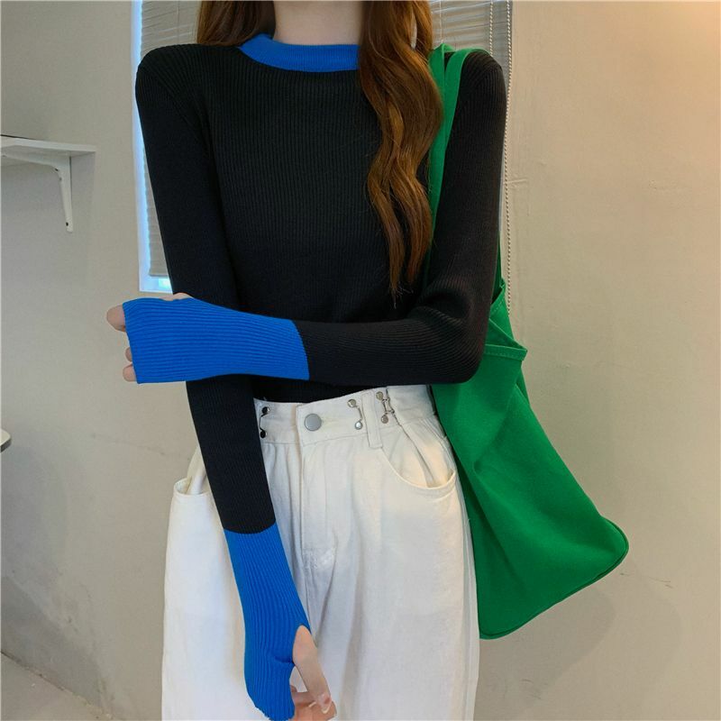 Slim Pullovers for Women Vintage Patchwork Design Autumn Harajuku 5 Colors Sweaters Basics Long Sleeve Casual Simple New Fashion