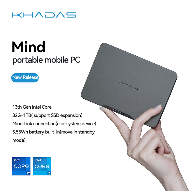 Khadas Mind-Mini PC Intel Core i7, Computador Gamer Móvel Tiny, Tamanho de bolso, Windows 11, Seamless Move, Casa, Escritório, 32 GB, 1TB