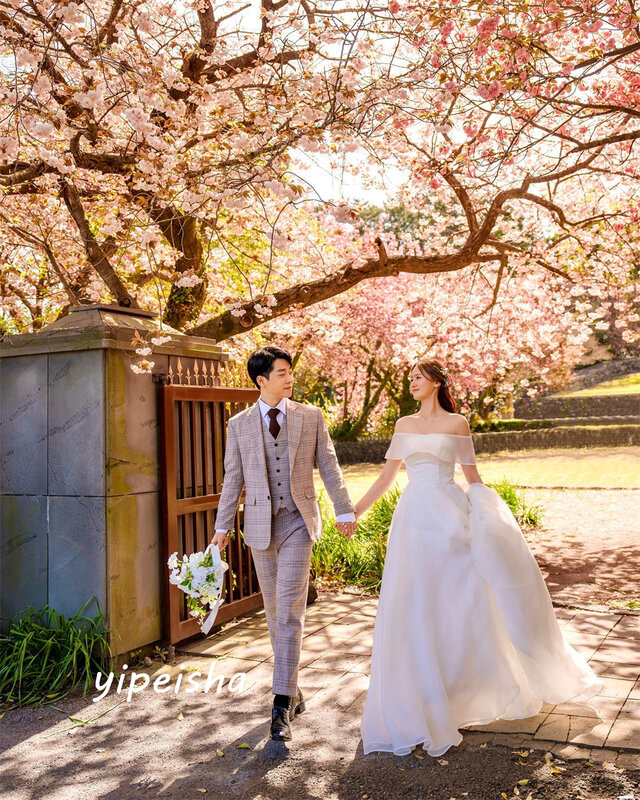 Ball Korea Matching squisito abito con spalle scoperte festa di nozze lunghezza del pavimento gonne abiti da sera in Organza