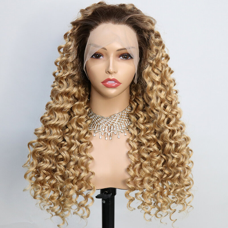 Drag Queen Ombre blond syntetyczna koronka peruka Front dla kobiet długie faliste 26-calowym głębokim brązowym korzeniem bezklejowym kręconym peruka do Cosplay