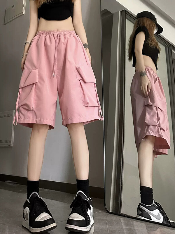 Zoki-shorts de cintura alta para mulheres, streetwear vintage, calça curta casual, bolsos coreanos, shorts bf, hip hop, harajuku, y2k, verão