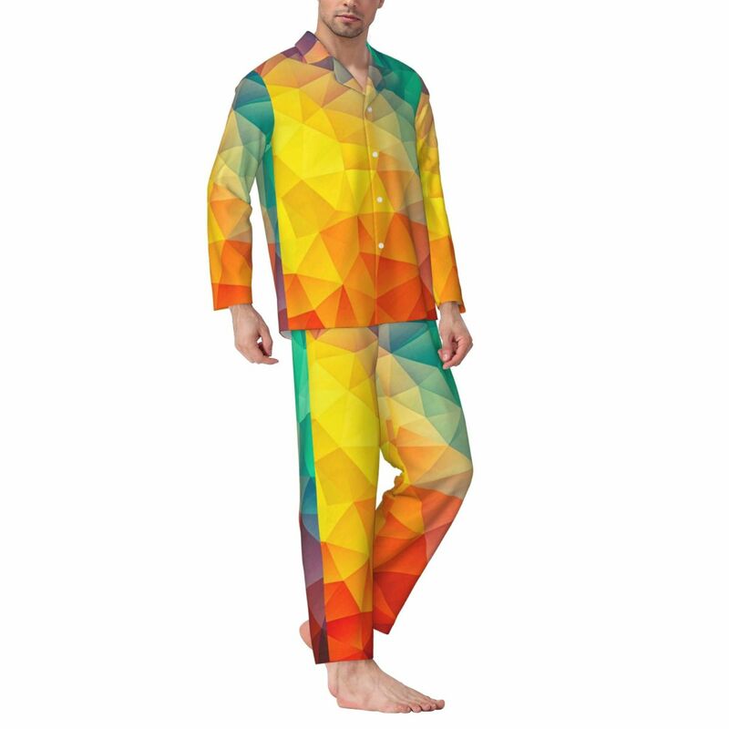 男性のマルチ抽象的な幾何学的なパジャマセット、cubizm絵画、ヴィンテージの特大のパジャマセット、長袖の暖かい睡眠ホームスーツ、秋
