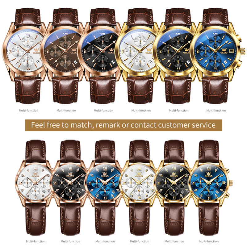 OLEVS-Montre à quartz chronographe de marque de luxe pour hommes et femmes, bracelet en cuir, étanche, calendrier Shoe, montres de couple à la mode