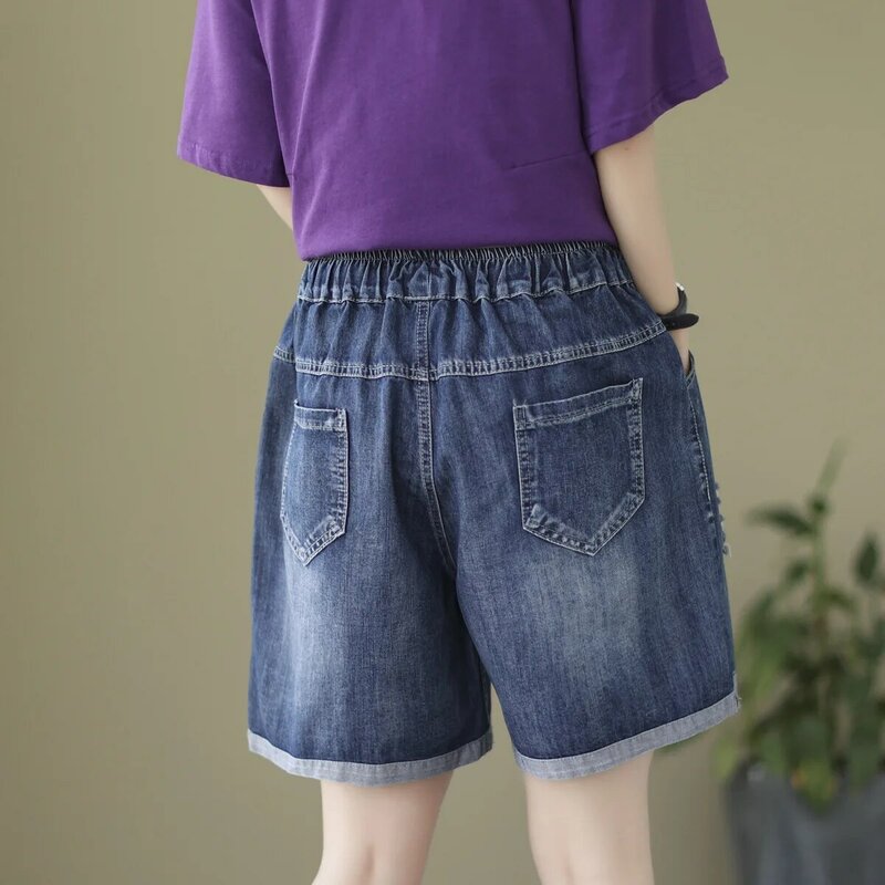 Aricaca Women M-2XL Cute Girl Embroidered Denim Shorts Women Elastic Waist Ripped Shorts