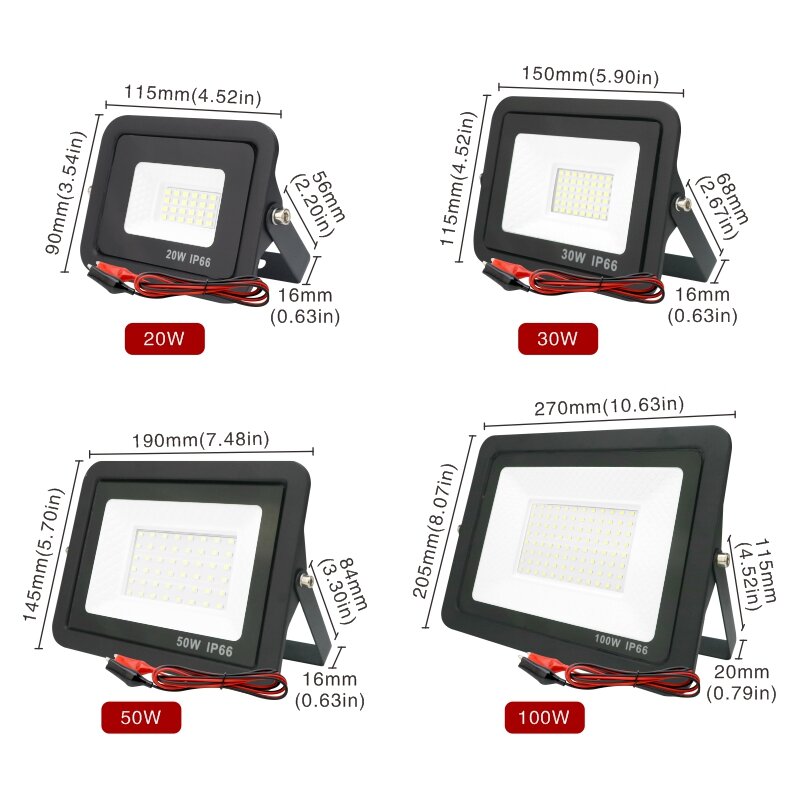 Holofote LED para exterior, holofote, holofote, IP66, impermeável, refletor, luzes portáteis, 12 V, 20W, 30W, 50W, 100W, DC