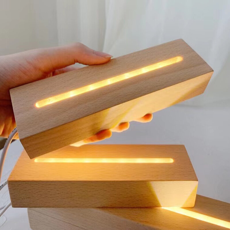 Base Led de madera para luz nocturna de cristal acrílico, 10 piezas, a granel, cristal acrílico, resina, lámpara de exhibición, USB, venta al por mayor
