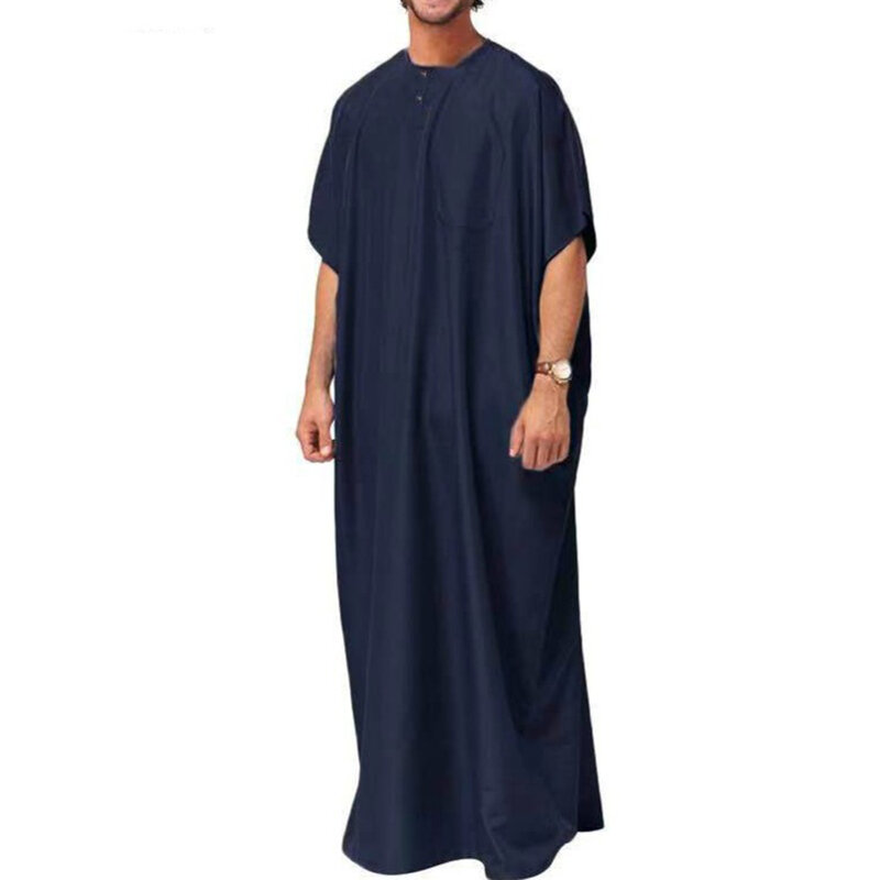 Gaun Dubai Arab Timur Tengah Muslim Musim Panas Baru Gaun Panjang Lengan Pendek Warna Polos Malaysia Jubah Muslim Pakaian Kasual Pria