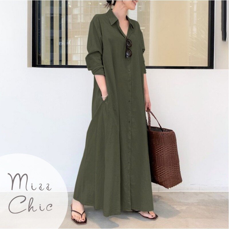 Elegant Pockets Shirt Maxi Green Dress 2023 Chic Long Sleeve Single-breasted A-line Cotton Dresses Femme Casual Autumn Clothes