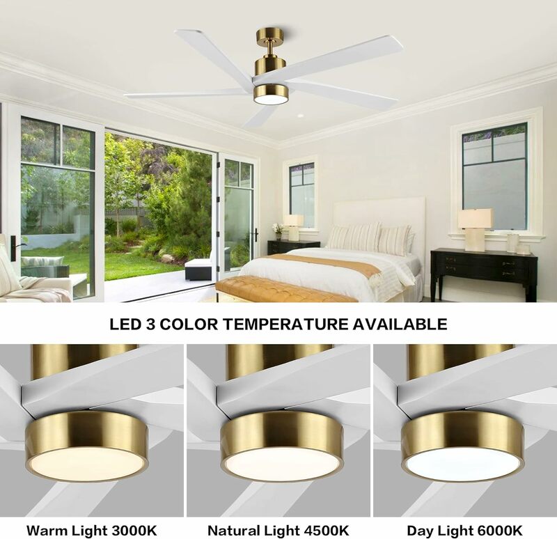 WINGBO 54 Inch DC Ceiling Fan with Lights and Remote Control, 5 Reversible Carved Wood Blades, 6-Speed Noiseless DC Motor