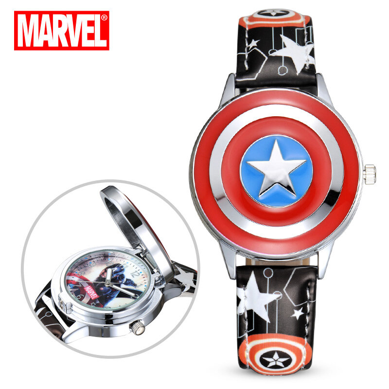 디즈니 스파이더맨 어린이 시계, 캡틴 아메리카 아이언맨, 가죽 쿼츠 플립 금속 케이스, 소년 시계 선물
