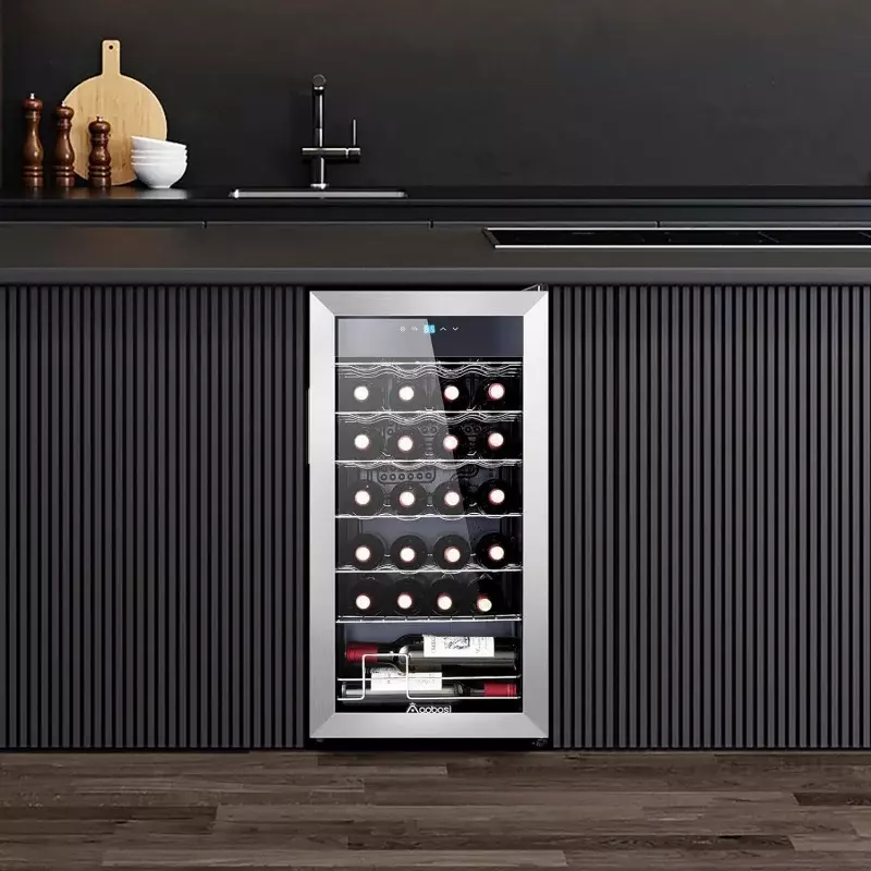 AAOBOSI 17 Inch Compressor Wine Cooler, 28 Bottle Wine Refrigerator with Stainless Steel Tempered Glass Door for Red, White or C