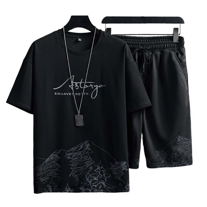 メンズ半袖Tシャツとラウンドネックのトラックスーツ,カジュアルなドローストリングポケット付き,ルーズフィット,2ピース,ピース/セット