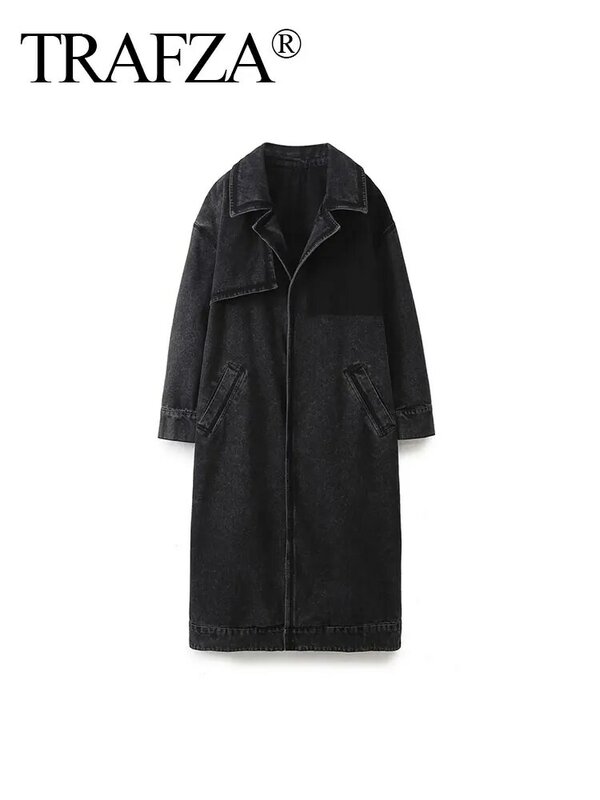 TRAFZA jaket Denim wanita, jaket Windbreaker Denim warna hitam trendi, mantel Vintage longgar kerah Lapel tekanan, perca lengan panjang, musim semi, 2024
