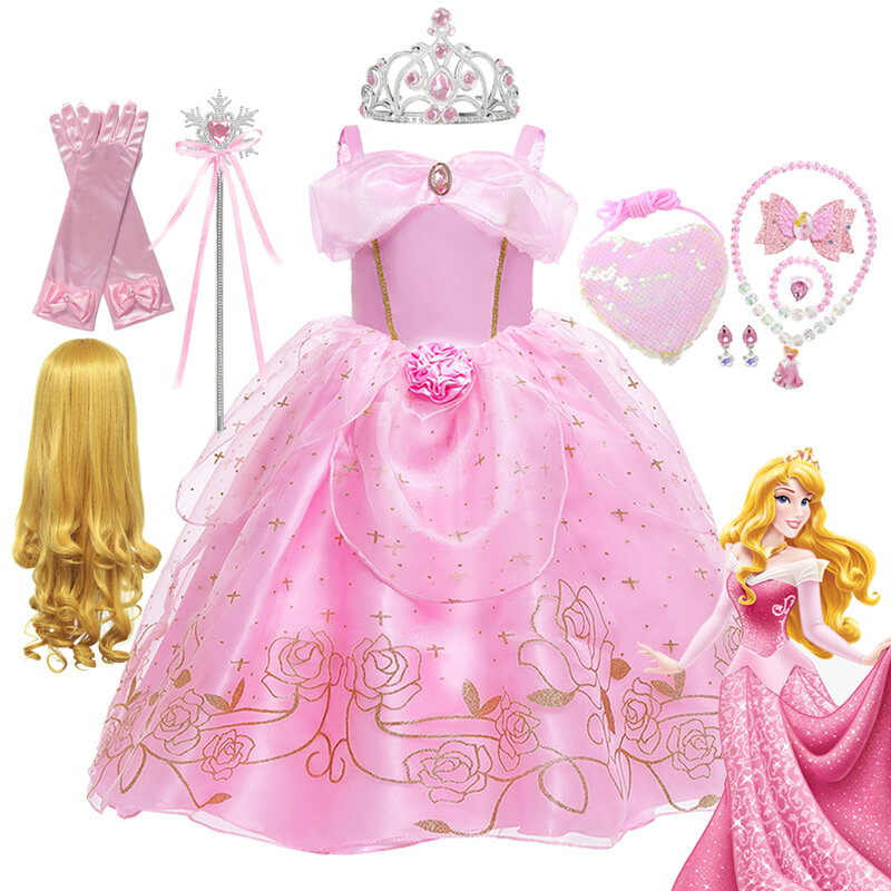 2024 Mädchen schlafen Schönheit Aurora Prinzessin Cosplay Kleid Kinder Weihnachts geschenk Kinder Kleidung Phantasie Party Kostüm