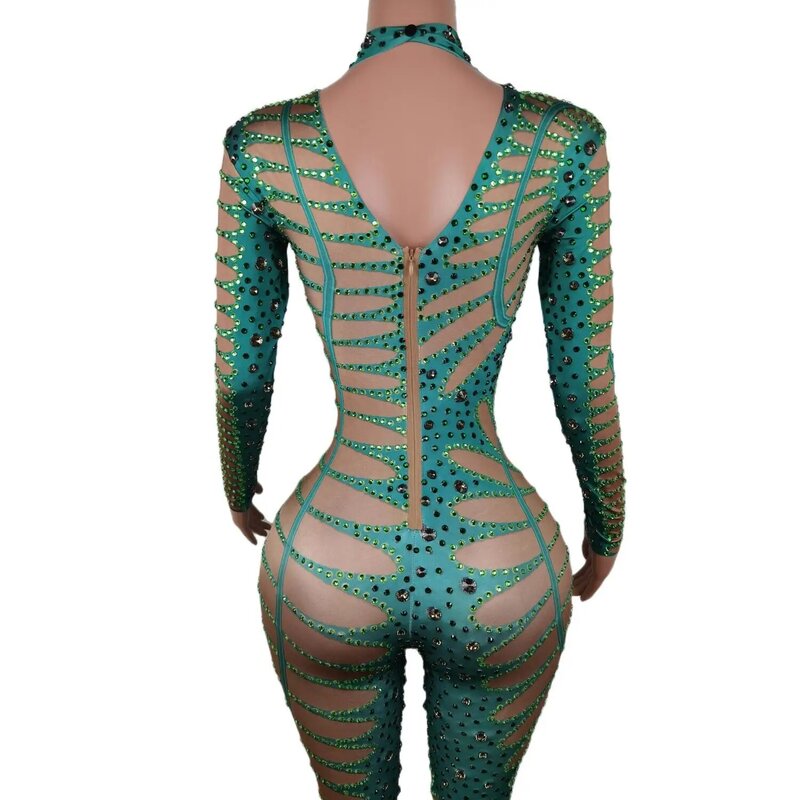 Green Grass Rhinestone Jumpsuit Woman Night Club Party Stretch Stage Wear Celebrate Bodysuit Performance Costume Lvyecao