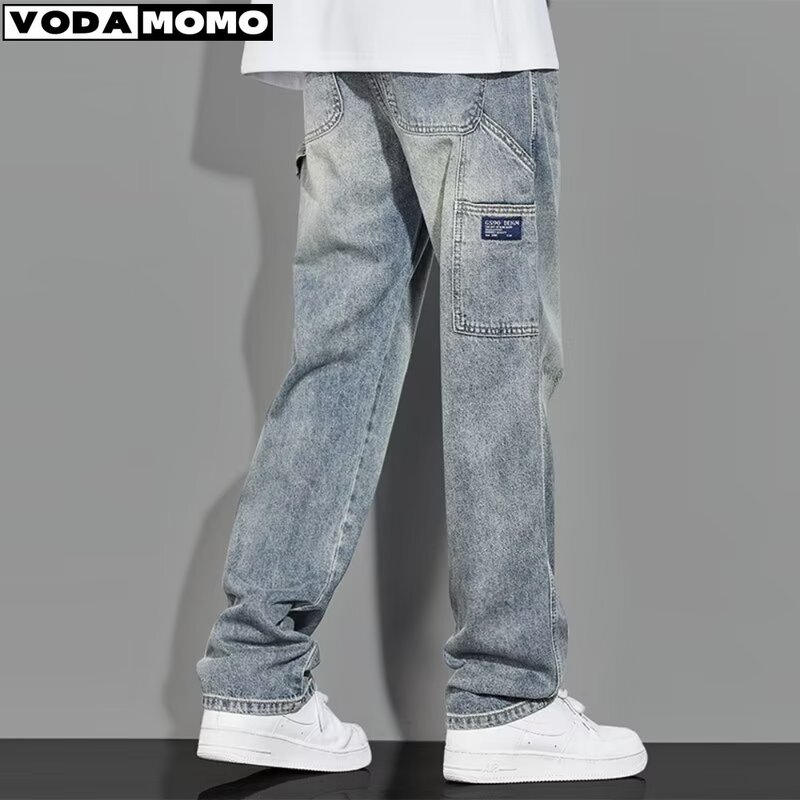 Spring Clothing High Quality Fabric Jeans Men Baggy Wide Leg Denim Pants Elastic Waist American trendy brand High Trousers Male