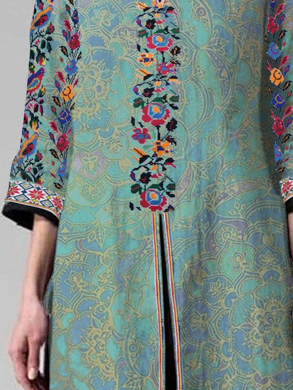 Blusas étnicas florais com gola v para mulheres, tops femininos, bolso solto, casaco longo, botão casual, Harajuku, primavera e outono