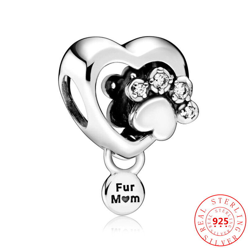 100% 925 Solid Silver White Pink Blue Zircon Animal Paw Print Heart Shiny Beads Fit Original Pandora Charms Bracelet DIY Jewelry