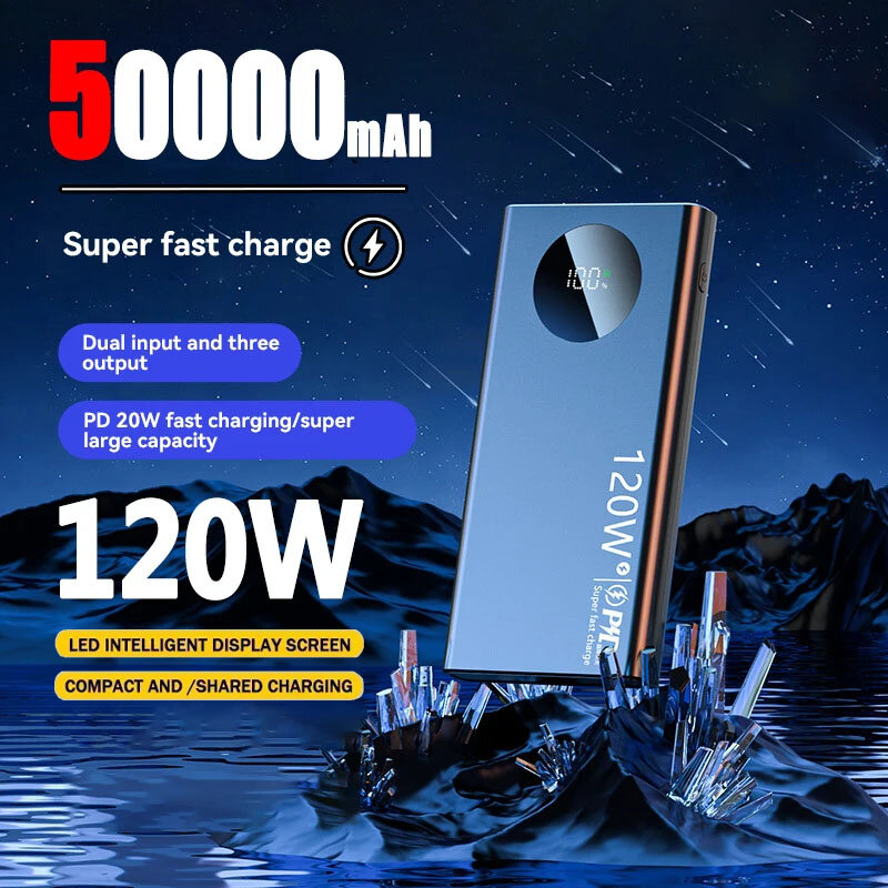 Banco de energía de carga superrápida, batería externa portátil grande de 50000mah y 120w para Iphone, Samsung, xiaomi Mi, fuente de alimentación móvil