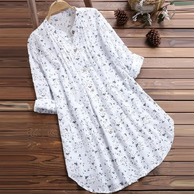 Camisa de algodón y lino para mujer, con estampado Floral de longitud media Camiseta holgada, ropa de gran tamaño, novedad de 2024