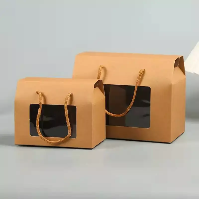 Productscatola di carta kraft personalizzata con finestra scatola di imballaggio di frutta pieghevole in corda portatile grazie sacchetti sacchetto regalo con manici