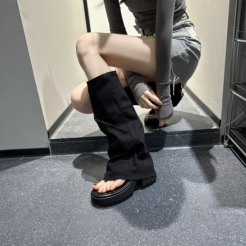 Chaussons à plateforme compensée en denim synthétique pour femmes, 6cm, clip, Parker, fermeture éclair creuse, été, sexy, rinçage, genou, mode, loisirs, sandales, chaussures