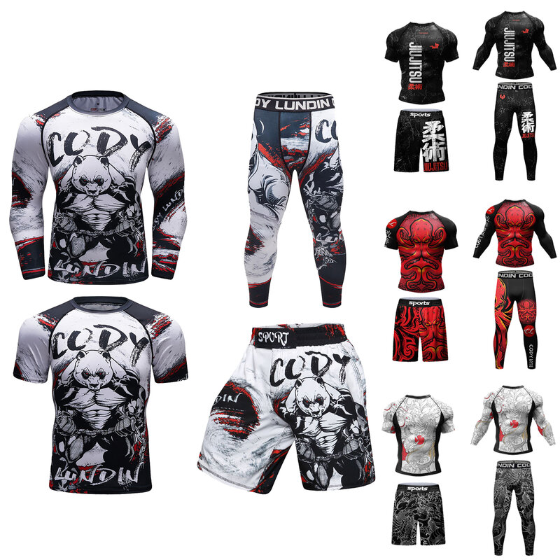 Cody Set Men's Sports Shorts Grappling Pants +MMA Shirts 4Pcs Martial Arts Rashguard Leggings Suit Boxing Kits Sweatshirts Set