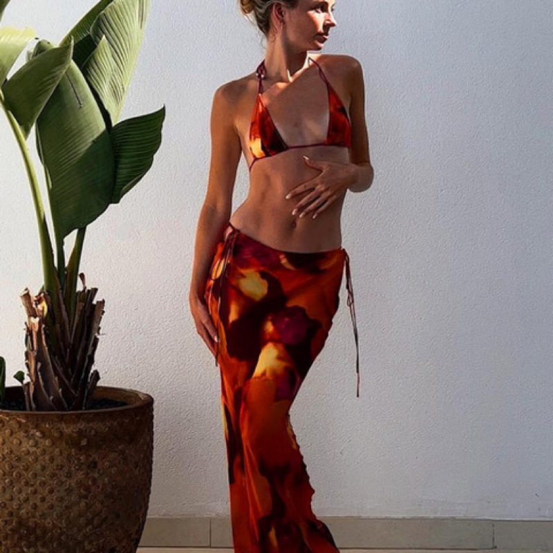 Conjunto de Bikini con estampado para playa, traje de baño de tres puntos, falda larga con tirantes, informal, a la moda, 2023