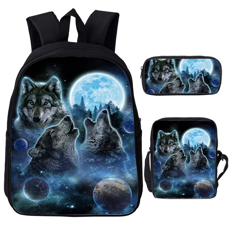 3D Print Howling Wolf Backpack Shoulder Bag Pencil Case 3pcs/set Children Bookbags Cosmic Wolf Rucksack Boys Girls School Bags