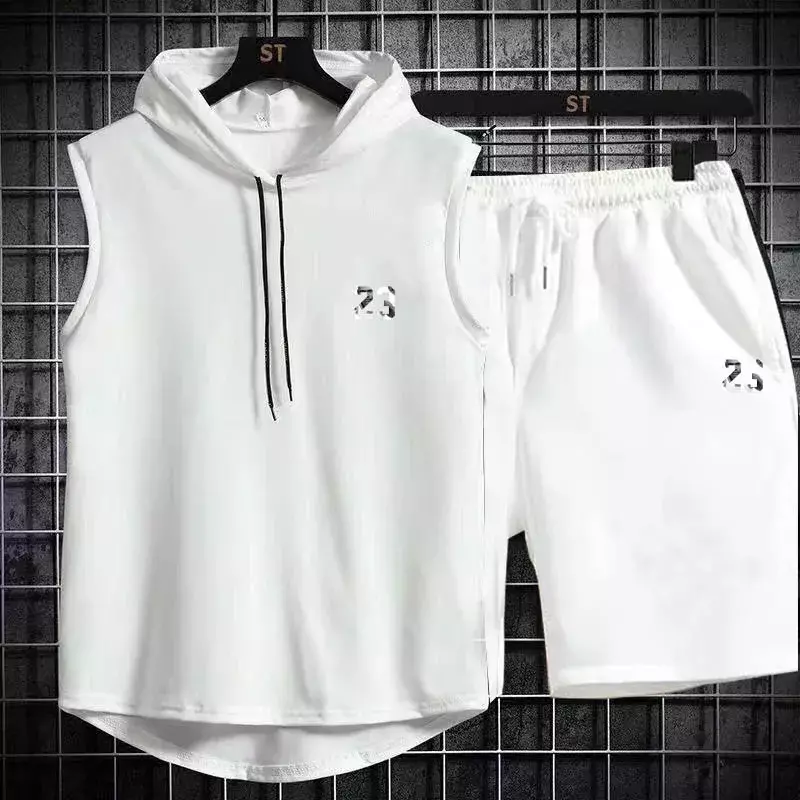 Conjunto de duas peças de treino masculino, camiseta e shorts de manga curta, camiseta com capuz, terno esportivo, moda casual, novo, verão