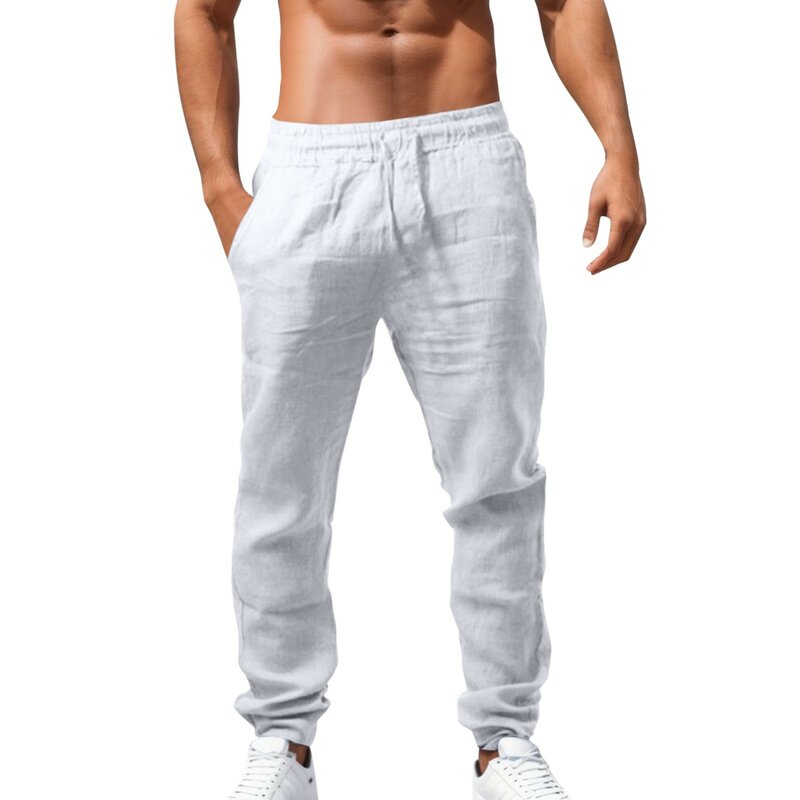 Pantalones largos de verano para hombre, pantalón holgado, transpirable, con cintura elástica, sólido, deportivo, informal, de lino y algodón