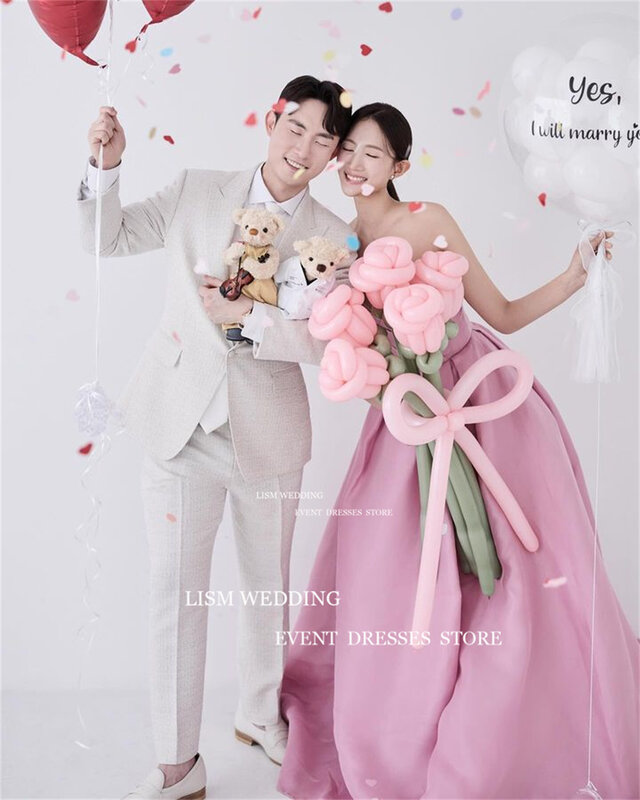 Gaun malam Korea kekasih merah muda LISM gaun acara Prom tanpa lengan pemotretan foto pernikahan gaun pesta Satin terbungkus punggung terbuka