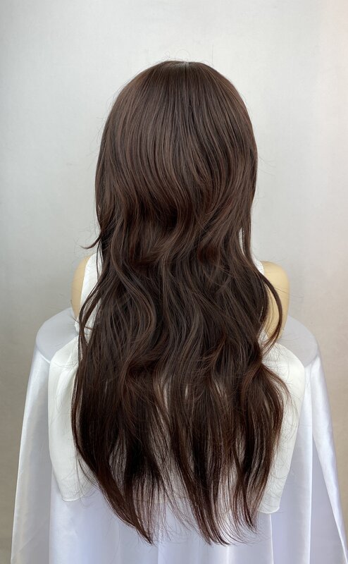 Темно-коричневый волнистый женский парик с челкой, высокотемпературные синтетические волоконные искусственные волосы, боковая челка, белые женские парики
