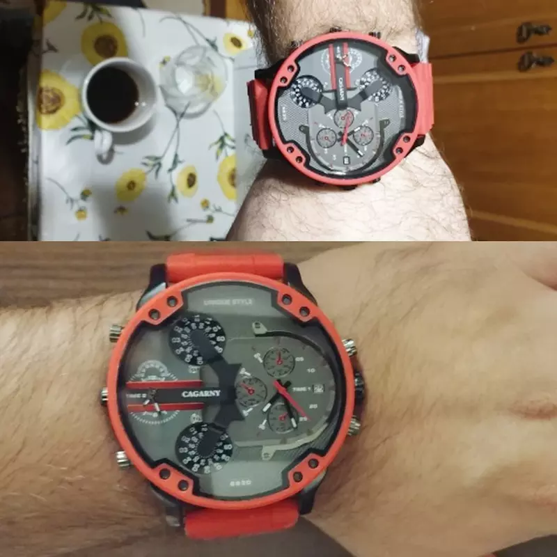 Złoty zegarek mężczyźni luksusowej marki słynny podwójny czas wojskowy Relogio Masculino 57mm 3D duże etui męskie zegarki kwarcowe czerwony męski zegar