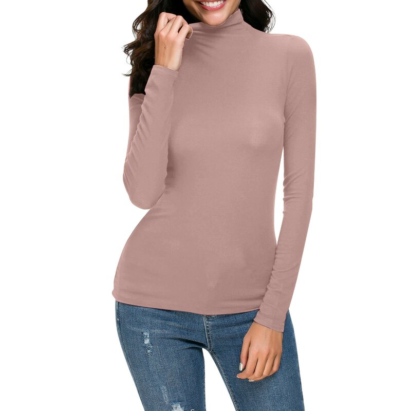 Blusa de cuello alto de manga larga para mujer, camisetas ajustadas de capa elástica, color liso, a la moda