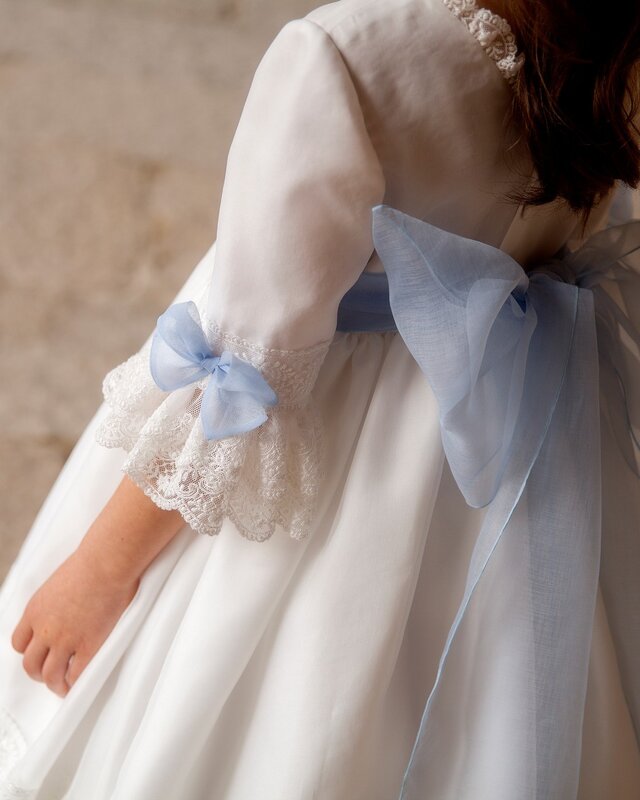 FATAPAESE White VestidodeCommunion Girl Vintage Princess Lace Floral Ribbon Belt Embroidery Tulle Gown Bridemi Primeracomunión