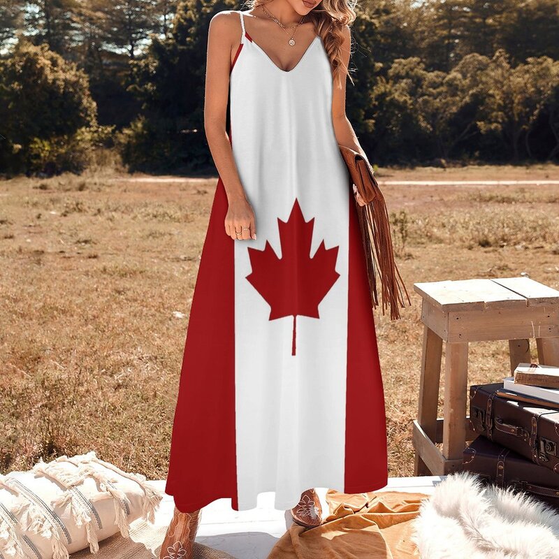 Canada: Canadese Vlag (Rood En Wit) Mouwloze Jurk Strandjurken Elegante Feestjurk Voor Vrouwen 2024 Festivaloutfit Vrouwen