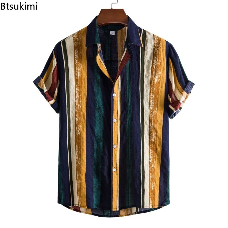 Camisa de manga corta informal para hombre, blusa de solapa con estampado a rayas, transpirable, hawaiana, Color de contraste, Verano