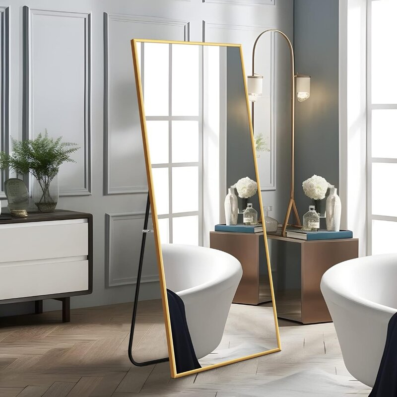 Comprimento total Pendurado Vestir Espelho, Wall-montado com suporte, liga de alumínio, ouro, 65 "x 22", livre