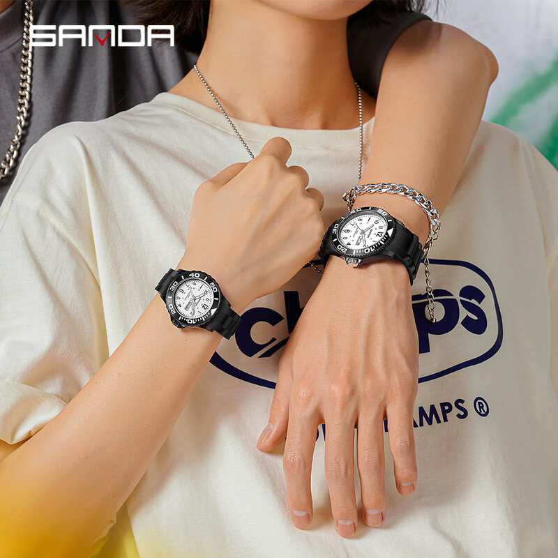 Relógio calendário completo masculino Sanda, pulseiras de silicone preto, relógio analógico, marca de topo, luxo