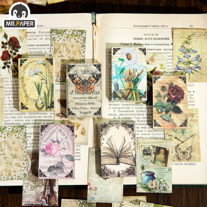 Mr.Paper 6Style 60Pcs/book Vintage Paper Card Flower Butterflies Handbook Diy Background Paper Room Decoration Korean Stationery
