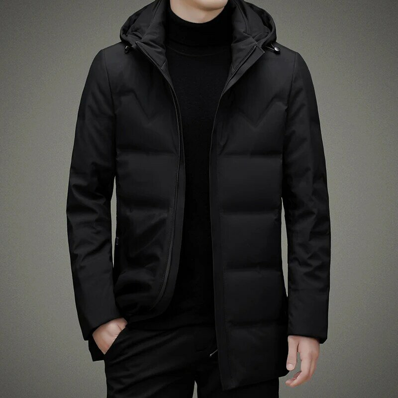 2022 zima męska nowa moda Business Casual dół płaszcze męskie Slim ciepłe płaszcze z kapturem mężczyźni długi biały kurtki z puchu kaczego V40