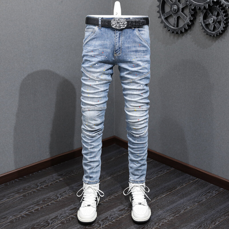 Street Fashion Männer Jeans Retro hellblau elastisch Stretch Skinny Fit Patched Biker Jeans gemalt Designer Hip Hop Hosen Hombre